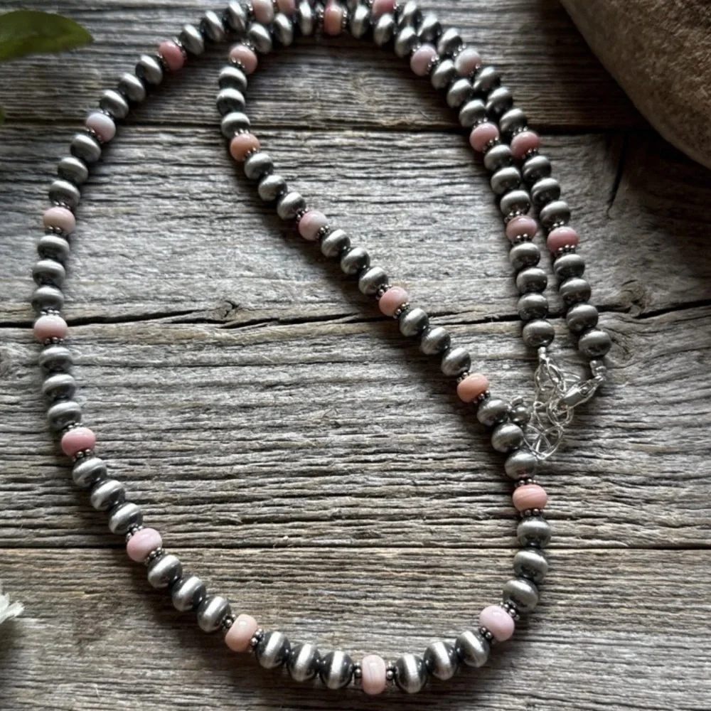 Southwestern Sterling Silver Pink Conch 6mm Pearls Bead Necklace 22 Inch - Picture 9 of 12